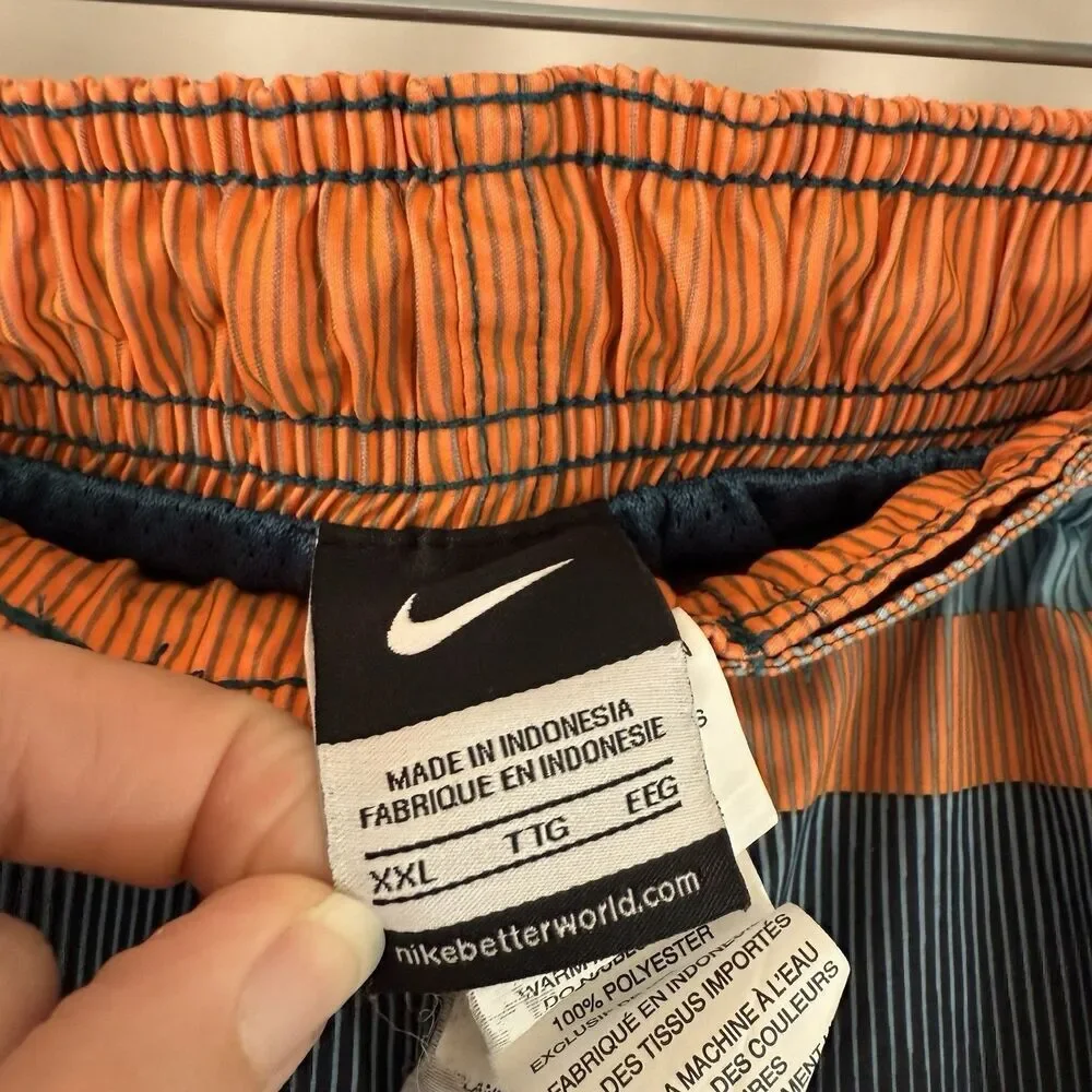 Nike Swim Trunks Men's XXL Orange Blue Striped Drawstring Lined Pockets Elastic